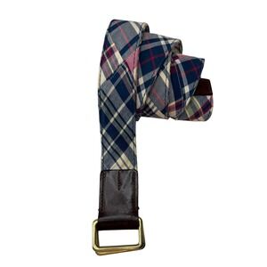 Brooks Brothers 346 Mens Plaid Cotton Belt Leather Trim Brass D-Ring Large